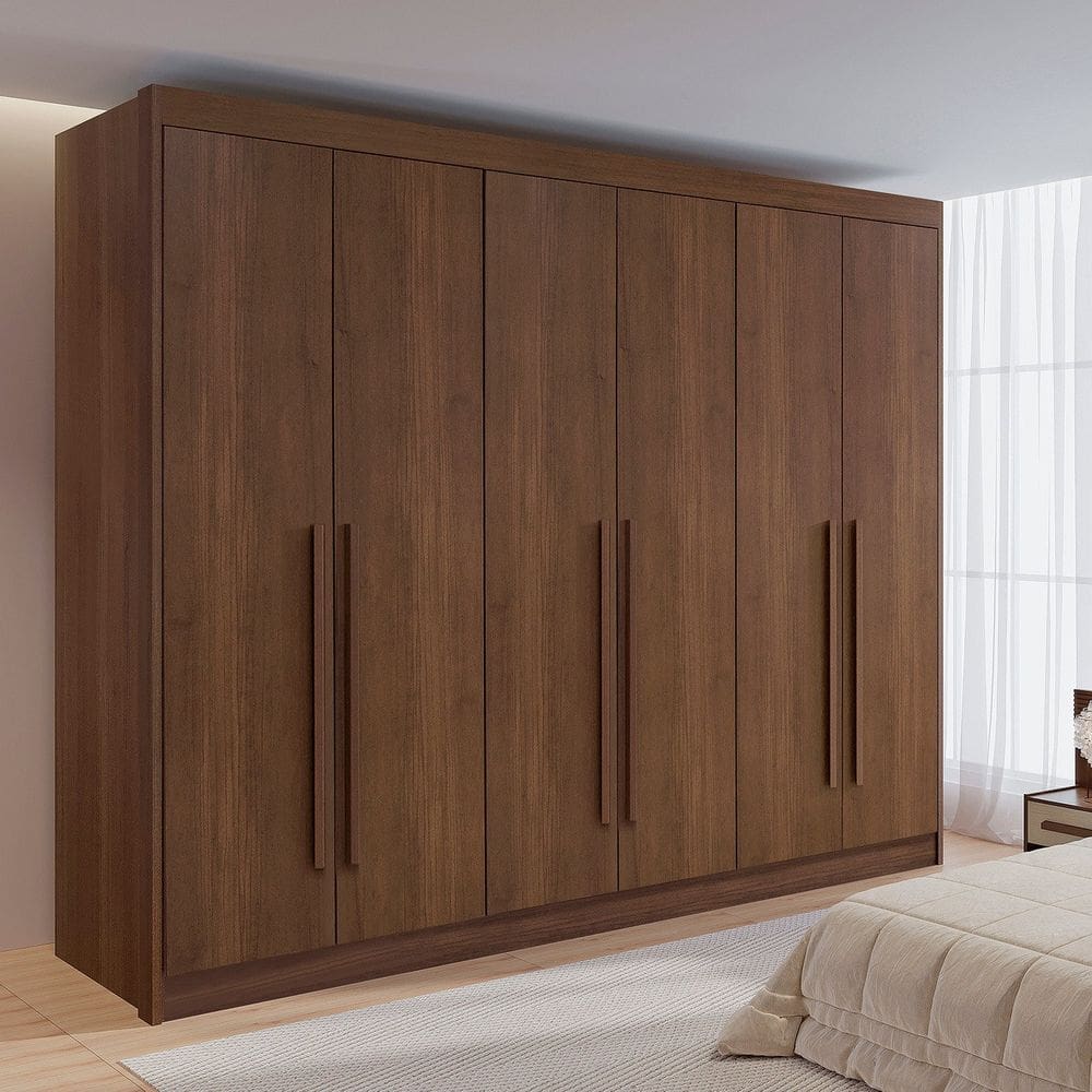 Guarda-roupa Casal 6 Portas 6 Gavetas e 1 Gaveta com Chave Dobradiça Slow Zeus Plus Castanho