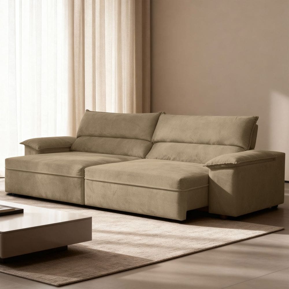 Sofá Retrátil e Reclinável Molas Ensacadas 230cm Veludo Malta Capuccino