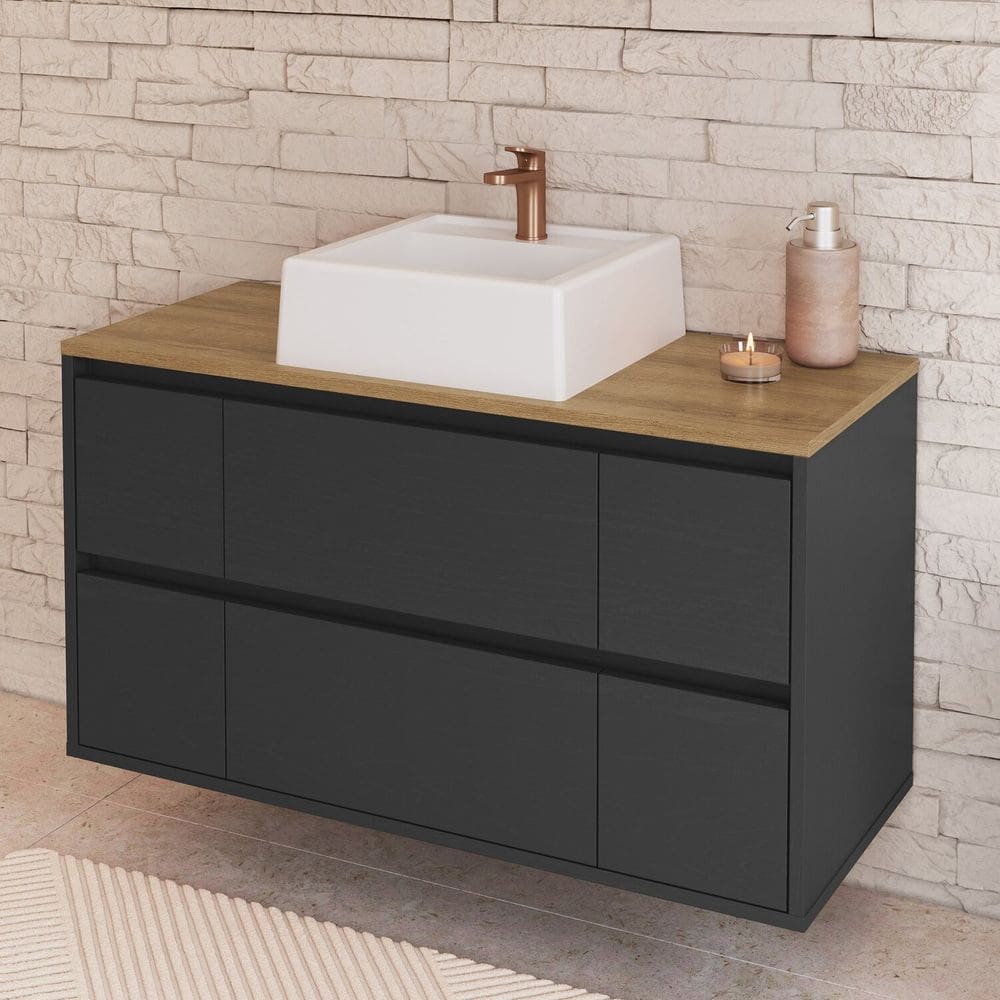 Balcão Gabinete de Banheiro Suspenso 88,4cm 2 Portas e 4 Gavetas com Cuba Berlim Grafite /Brancao