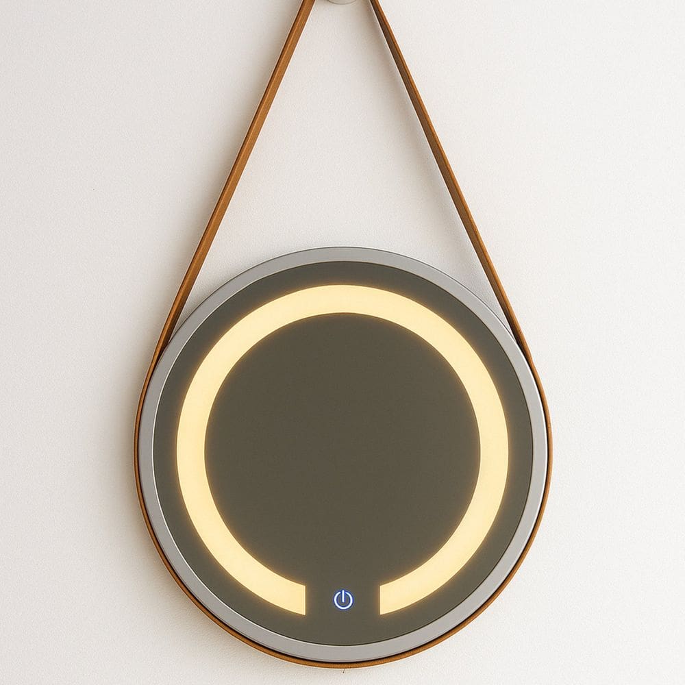 Espelheira Redondo Iluminado 40cm com Alça Touch 2 Leds com Alça Adnet Branco/Caramelo