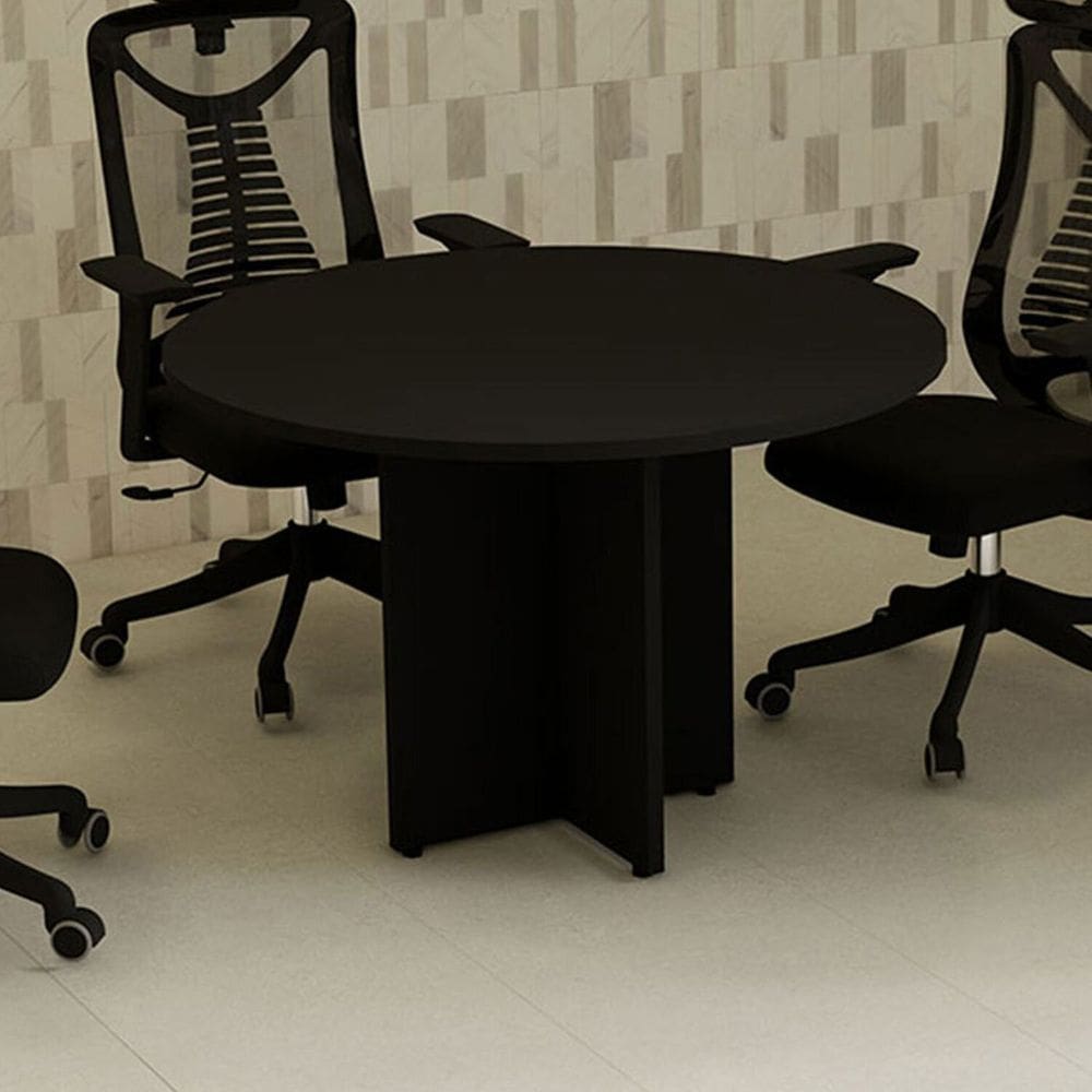 Mesa de Reunião Redonda 110cm X 110cm com 4 Lugares e Pés Painel para Escritório Corporate Preto