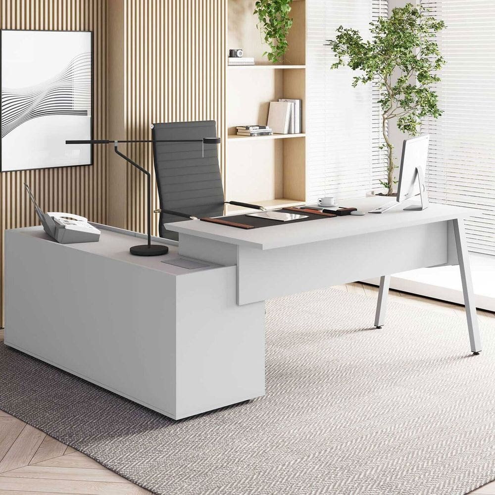 Mesa L Diretor Escritório 200cm com Armário Lateral Tampo Cavado e Pés Metal Industrial Executive Cinza