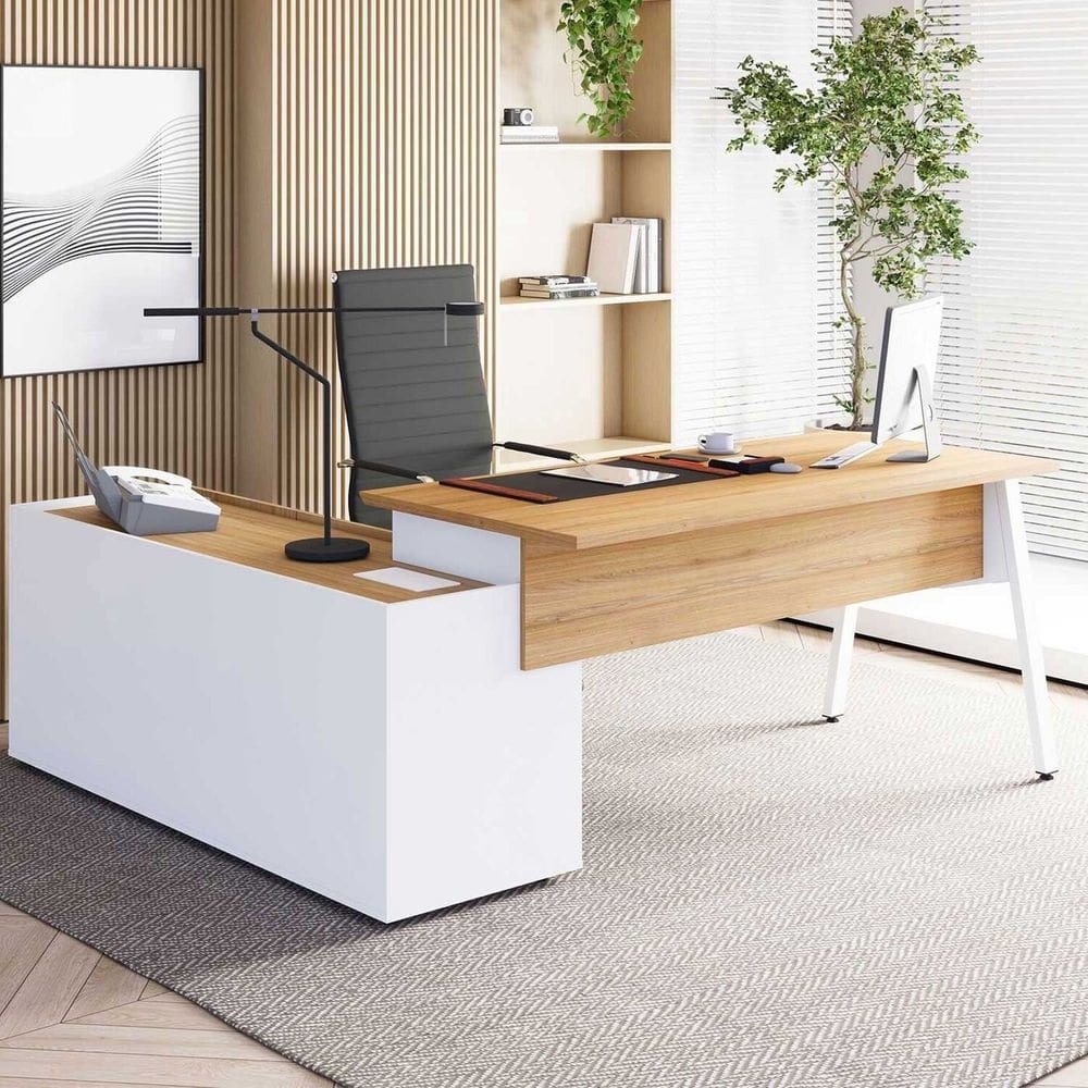 Mesa L Diretor Escritório 200cm com Armário Lateral Tampo Cavado e Pés Metal Industrial Executive Macadâmia/Branco