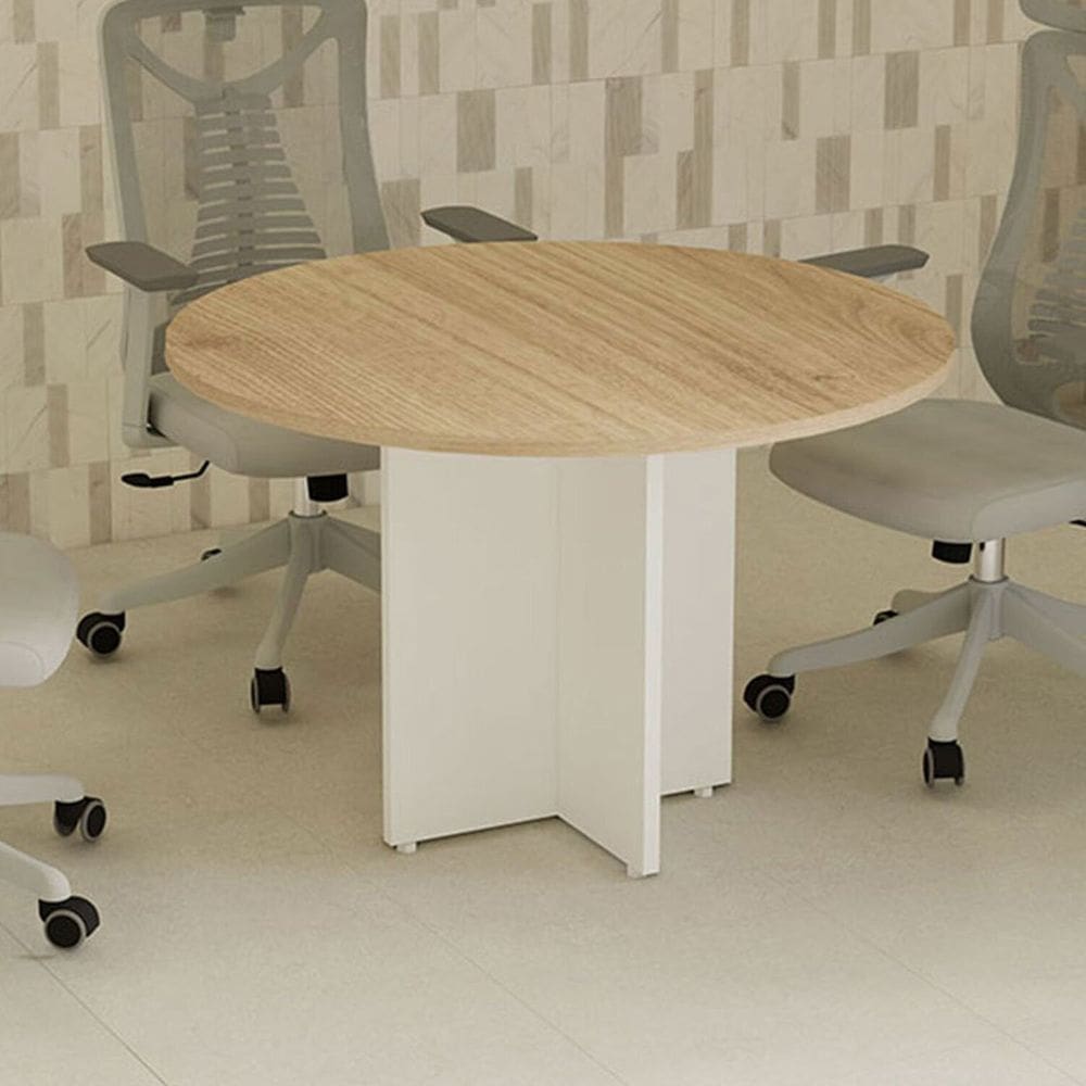 Mesa de Reunião Redonda 110cm X 110cm com 4 Lugares e Pés Painel para Escritório Corporate Carvalho Treviso com Branco