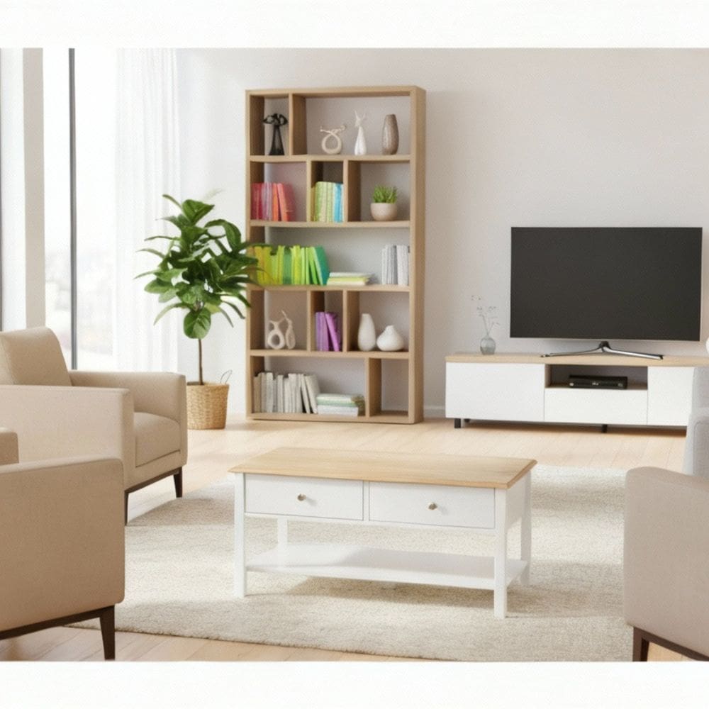 Mesa de Centro 2 Gavetas 100cm Tampo de Madeira Maciça Louise Branco / Mel