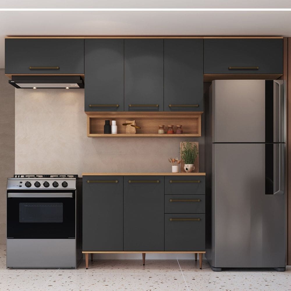 Cozinha Modulada 6 Peças com Tampo 120cm 8 Portas 2 Gavetas com Nicho Decorativo Isabelle Freijó / Grafite