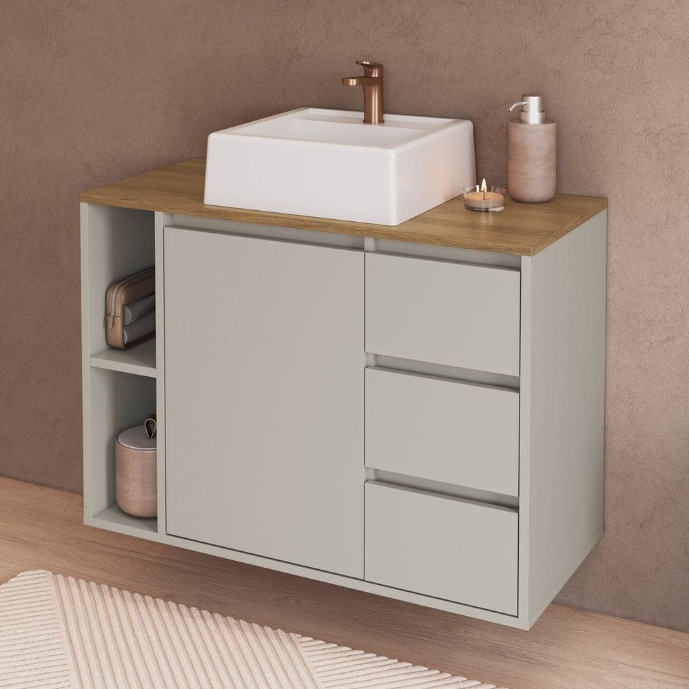 Balcão Gabinete de Banheiro Suspenso 80 Belagavi 1 Porta 3 Gavetas e Nichos com Cuba Arenas