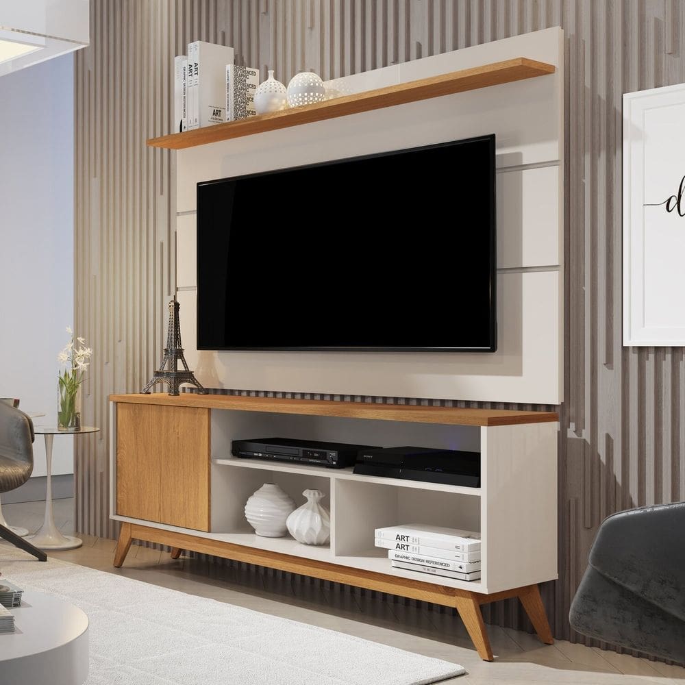 Rack com Painel para Tv 60 Polegadas Pés Madeira Maciça Retrô Malbec Wood Off White /Marrom