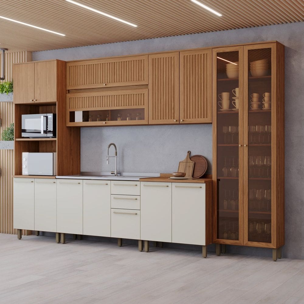 Cozinha Completa 6 Peças com Torre Quente e Cristaleira Requinte Marrom/Areia