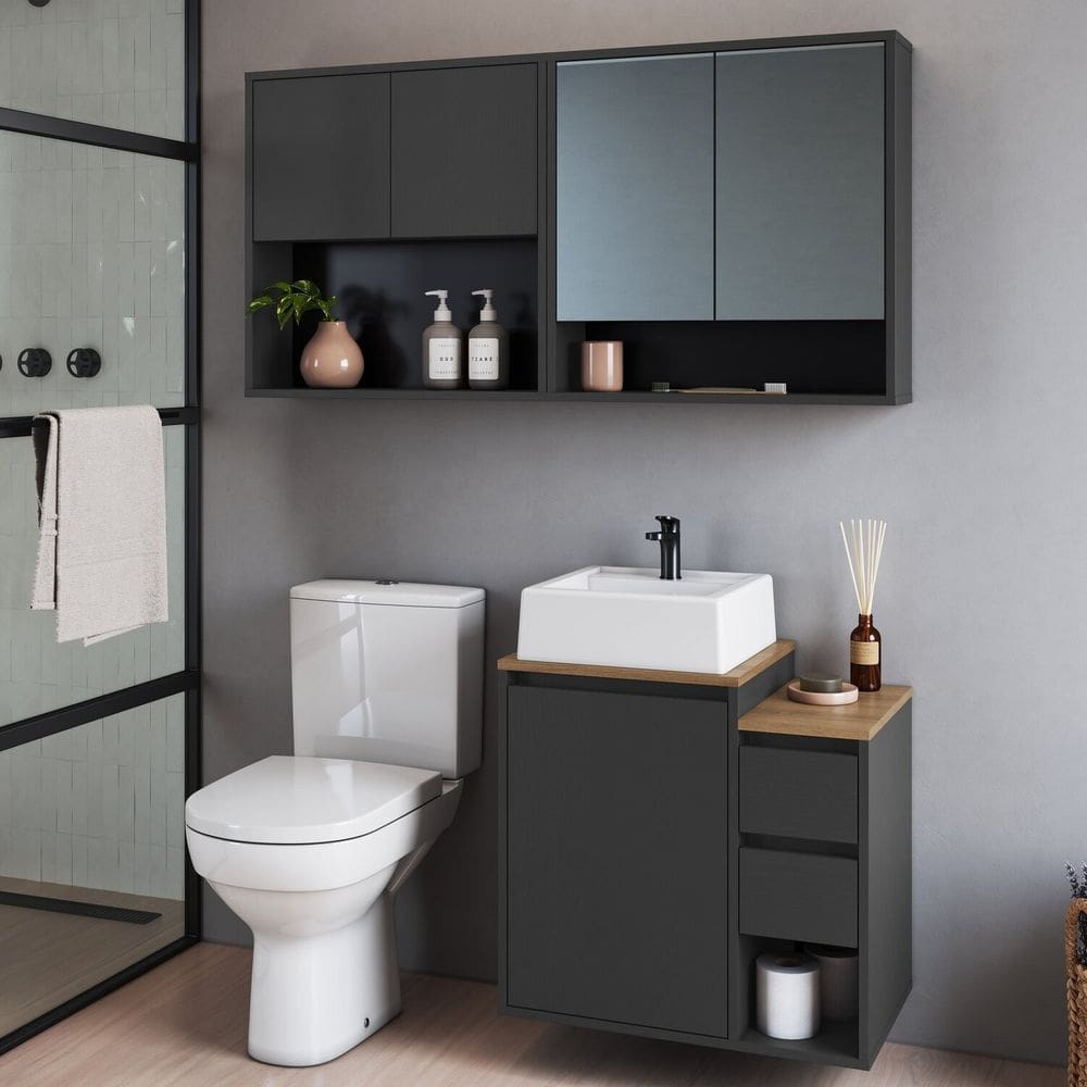 Conjunto para Banheiro 120cm com 3 Peças Gabinete Suspenso com Cuba Bahamas Grafite