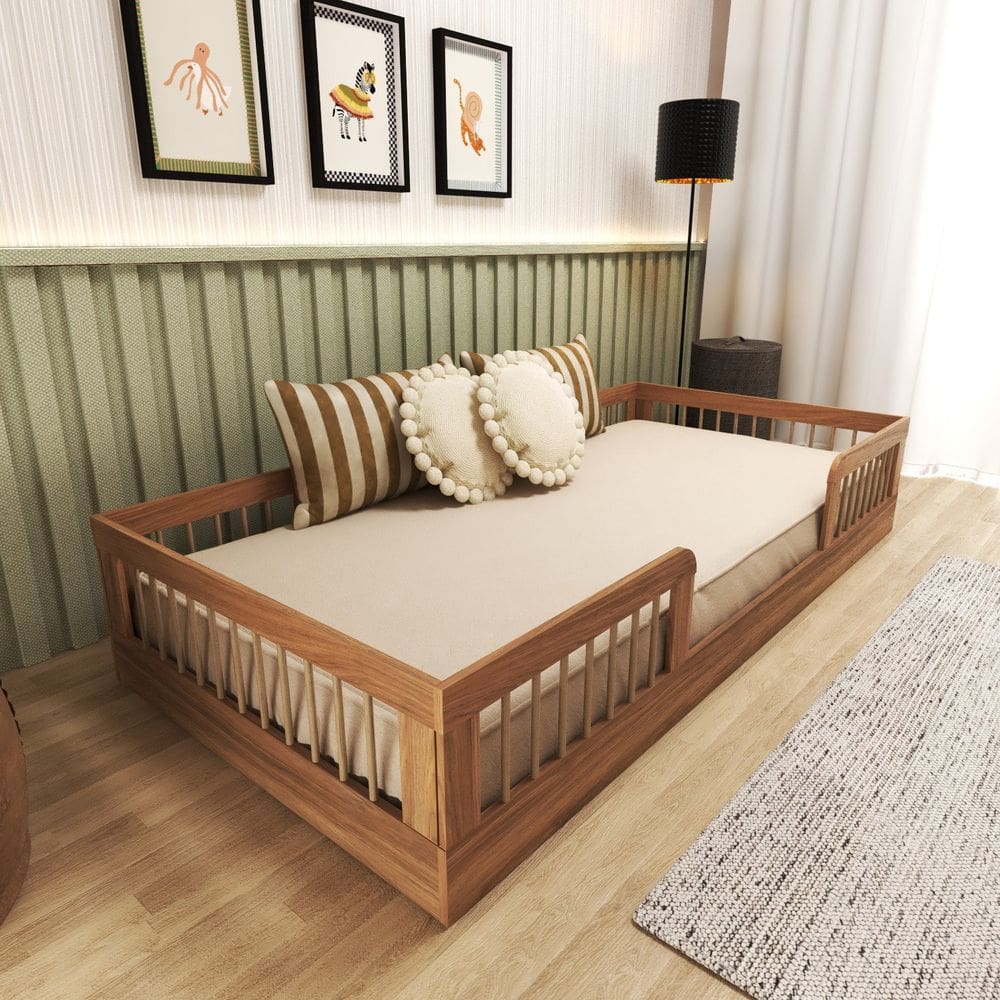 Cama Infantil Montessoriana Solteiro com Grades em Pinus Lume Carvalho Mel