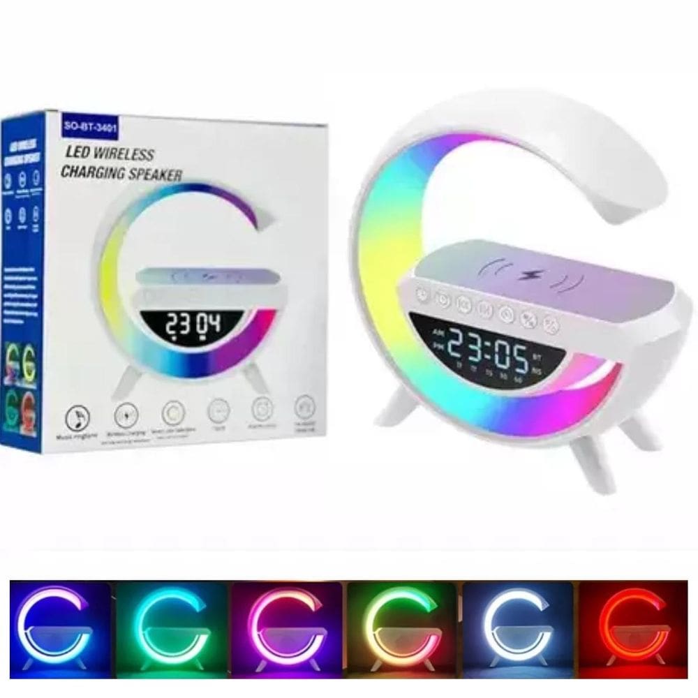 Luminária Caixa Som Speaker Carregador Indução Relógio