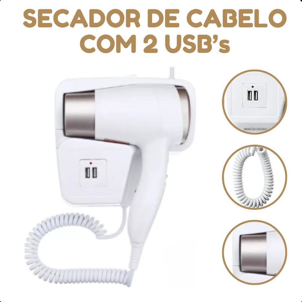 Secador De Cabelo Branco Compacto Com Suporte 220V