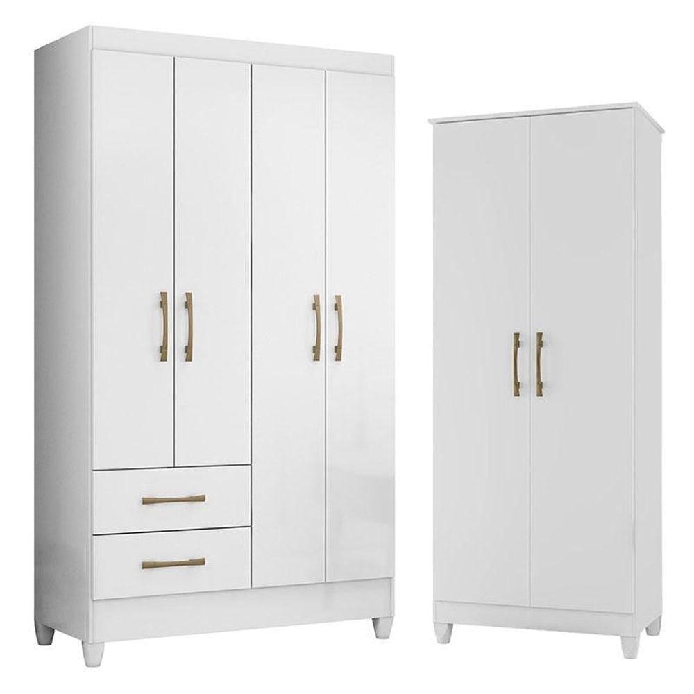 Guarda Roupa Solteiro Chile E Armário Multiuso Jade Branco Brilho - Moval