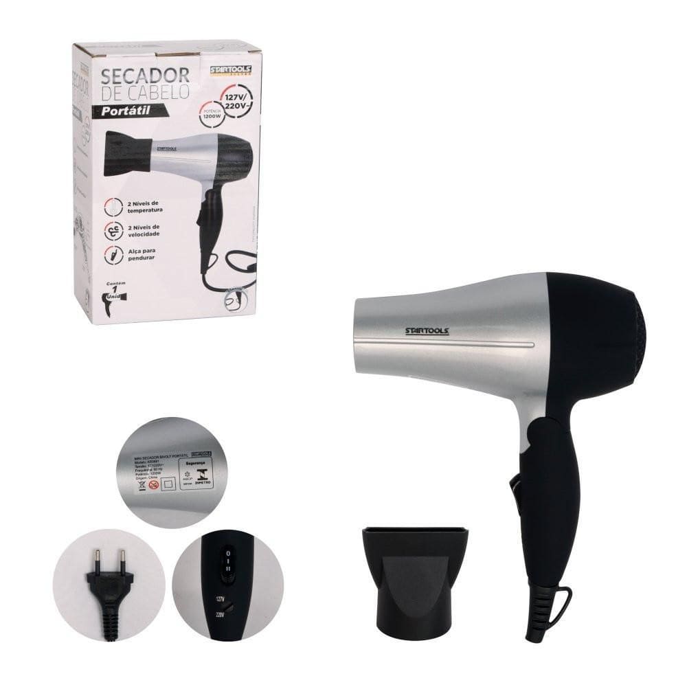 Secador De Cabelo Portátil 1200W Bivolt - Cinza