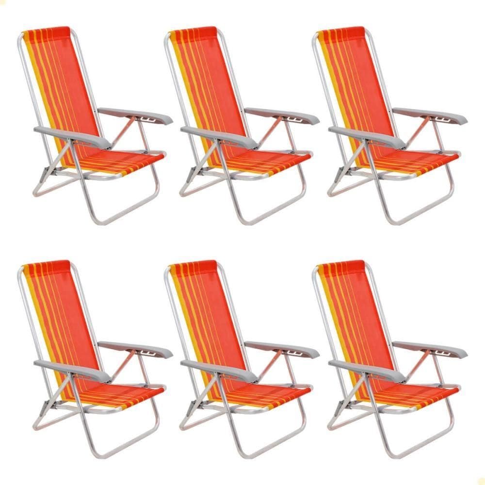 Kit 06 Cadeiras de Praia Reclin.Tramontina Bali Baixa Alumínio c/ Assento Laranja e Amarelo 92900101