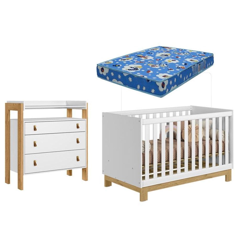 Berço Americano 4315 Q Encanto Slim e Cômoda 4410 Fantasia Branco Acetinado com Colchão Tend Tudo - Qmovi