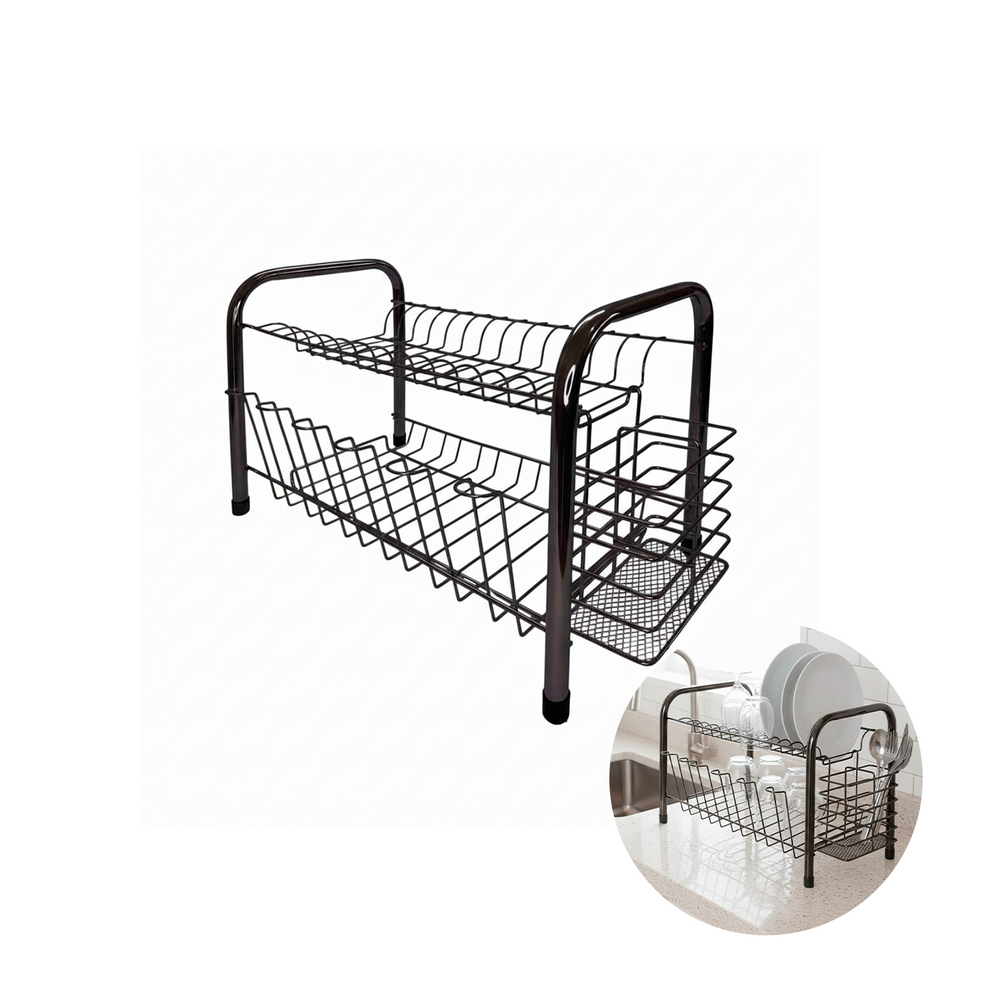 Escorredor de Louças Duplo Com Porta Talher E Copo Preto