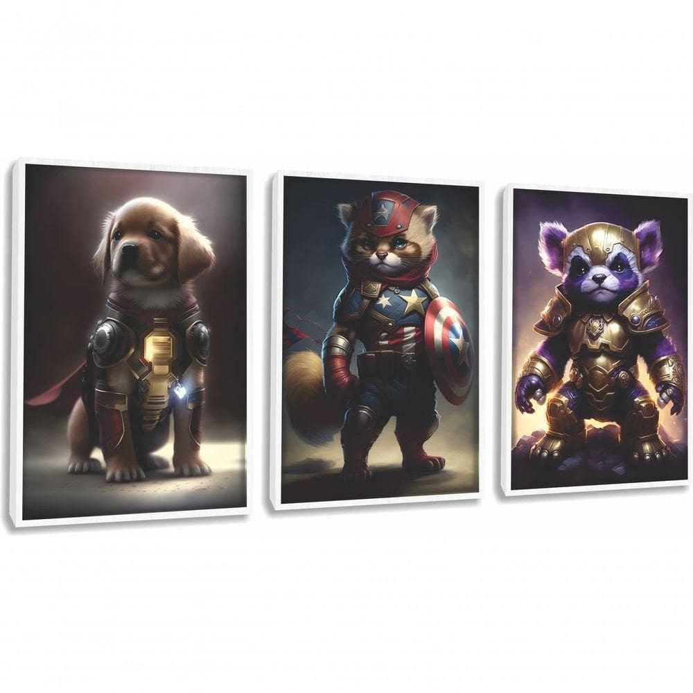 Quadro Decorativo Super Heróis Pets Com Moldura Branco