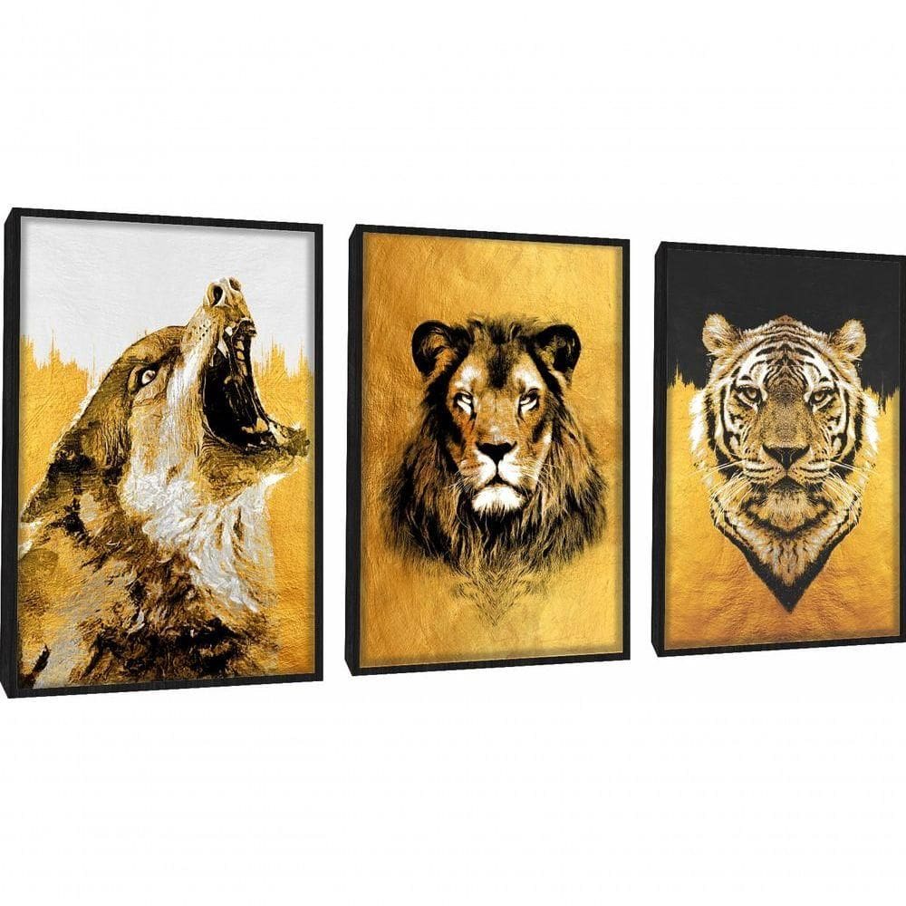 Quadro Decorativo Pintura Lobo, Leão, Tigre Com Moldura Preto
