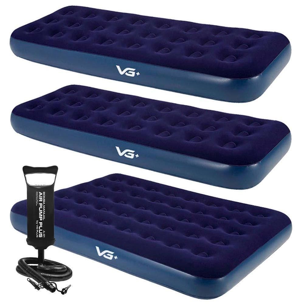 Kit 2 Colchões Infláveis Solteiro + 1 Colchão Casal Flocked Comfort Com Bomba Manual Vg Plus