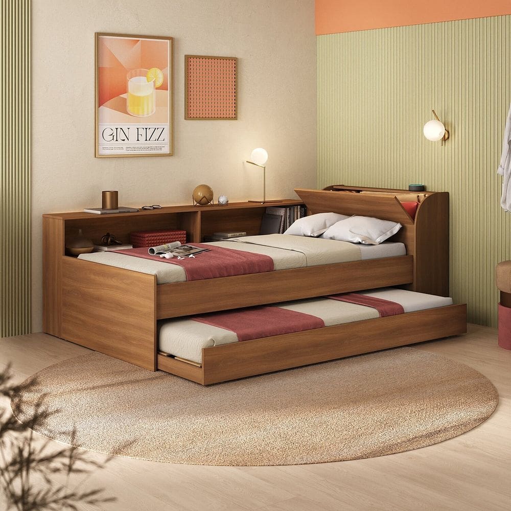 Cama Solteiro com Nicho e Cama Auxiliar Aria Nogal