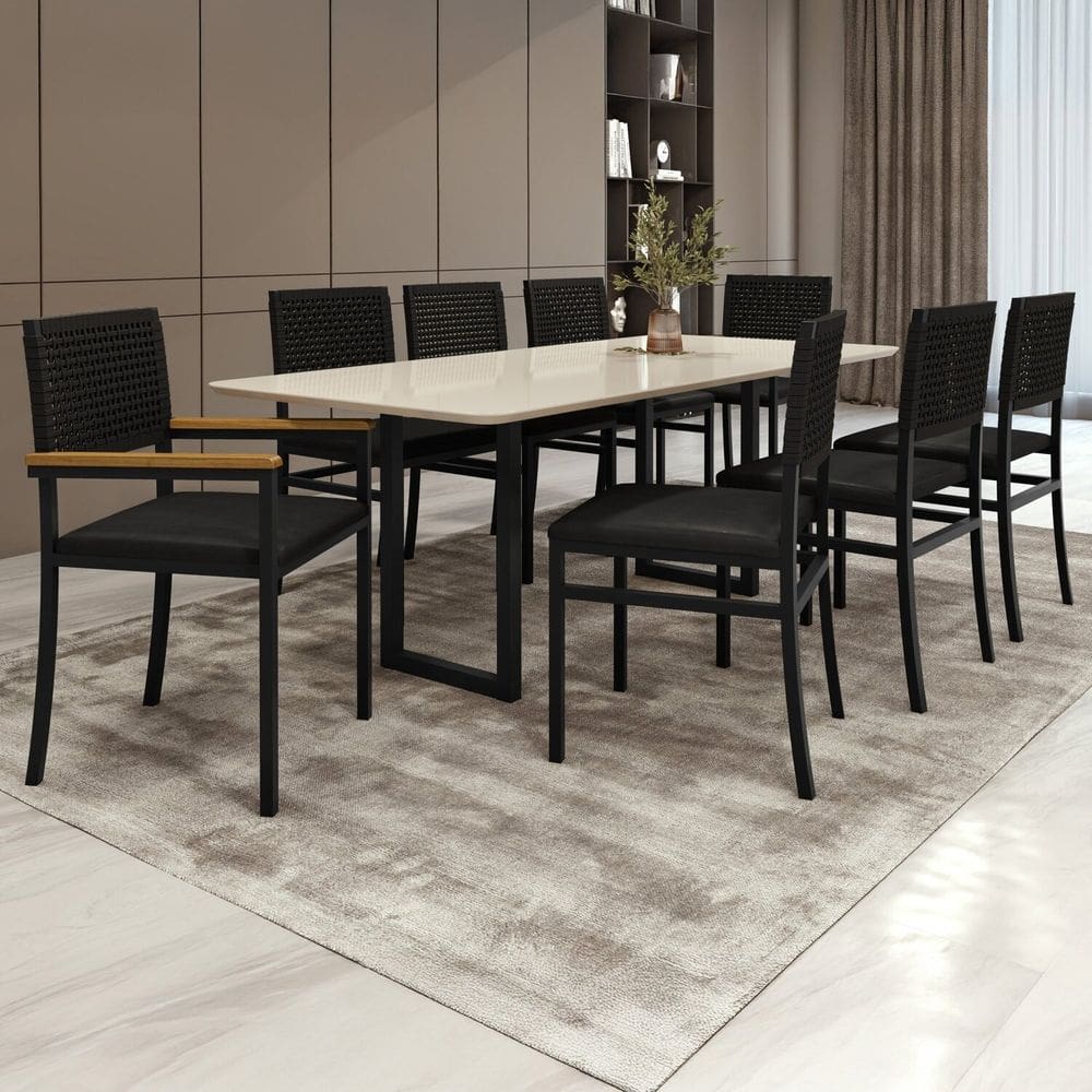 Conjunto Sala de Jantar Mesa Retangular Tampo de Vidro Itália com 8 Cadeiras Madri Preto