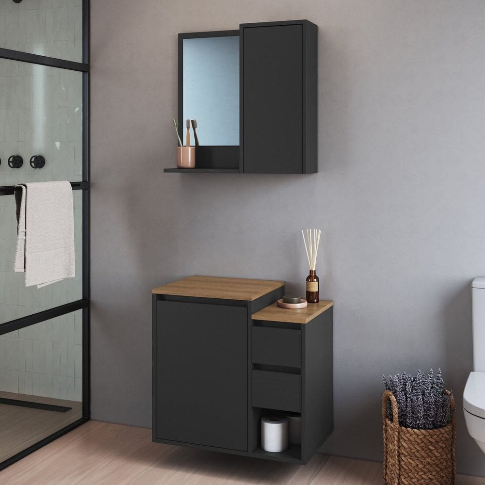Conjunto para Banheiro Gabinete Suspenso 60cm com Espelheira Bari Grafite