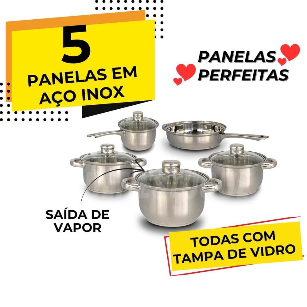 Conjunto De Panelas 5 Peças Em Aço Inox Com Tampa De Vidro
