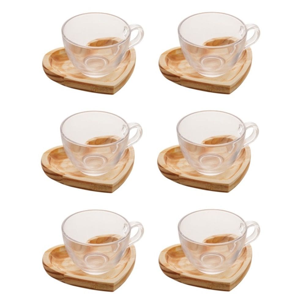 Cj 6 Xícaras P/Chá de Vidro C/Pires de Madeira C/Formato de Coração 190ml Woodart