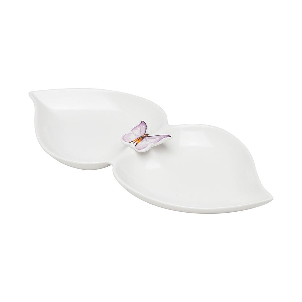 Petisqueira de Porcelana Branca C/2 Divisórias Borboletas 28x13cm Wolff