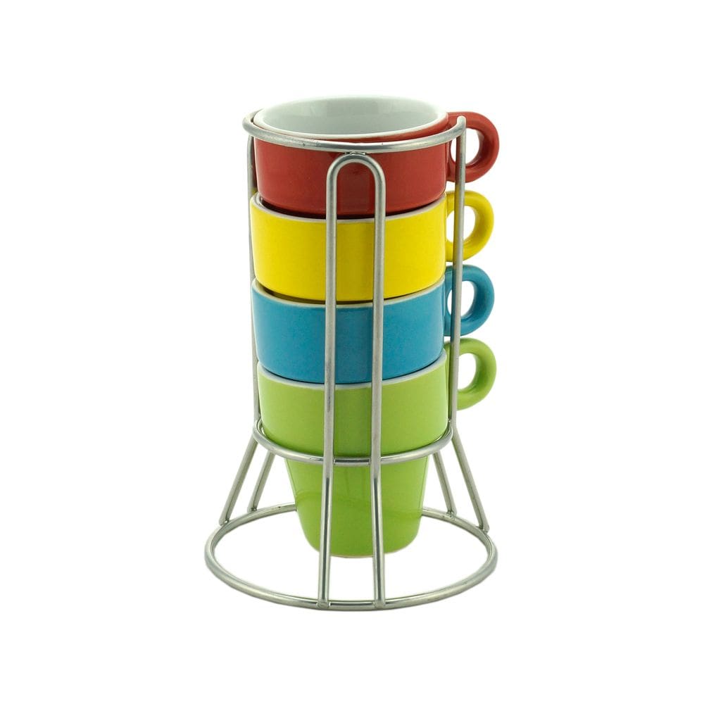 Cj 4 Xícaras P/Café de Porcelana Coloridas 60ml C/Suporte de Metal Bon Gourmet