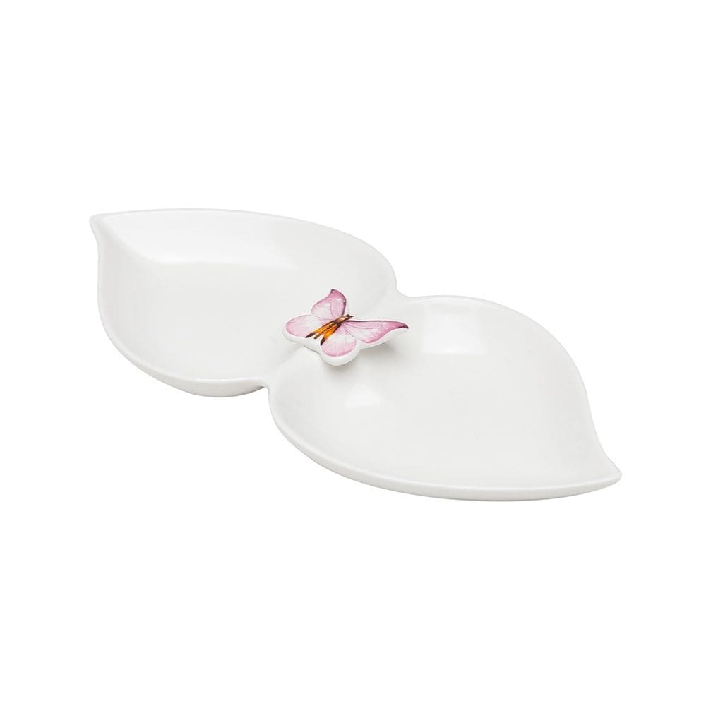Petisqueira de Porcelana Branca C/2 Divisórias Borboletas 22x10cm Wolff