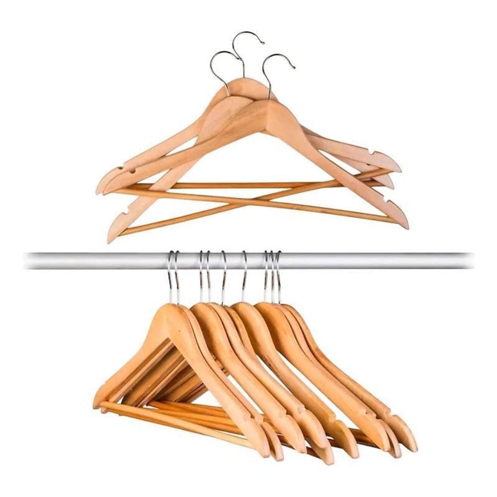 Kit Com 03 Cabides De Madeira Envernizado Gancho De Metal