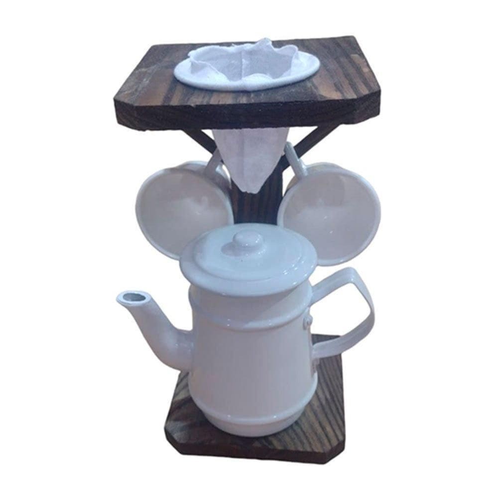 Conjunto Café Com Bule De Alumínio E Suporte Rústico Branca