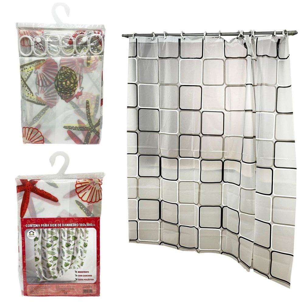 Cortina Box Banheiro Poliéster Com Ganchos 180Cmx180Cm
