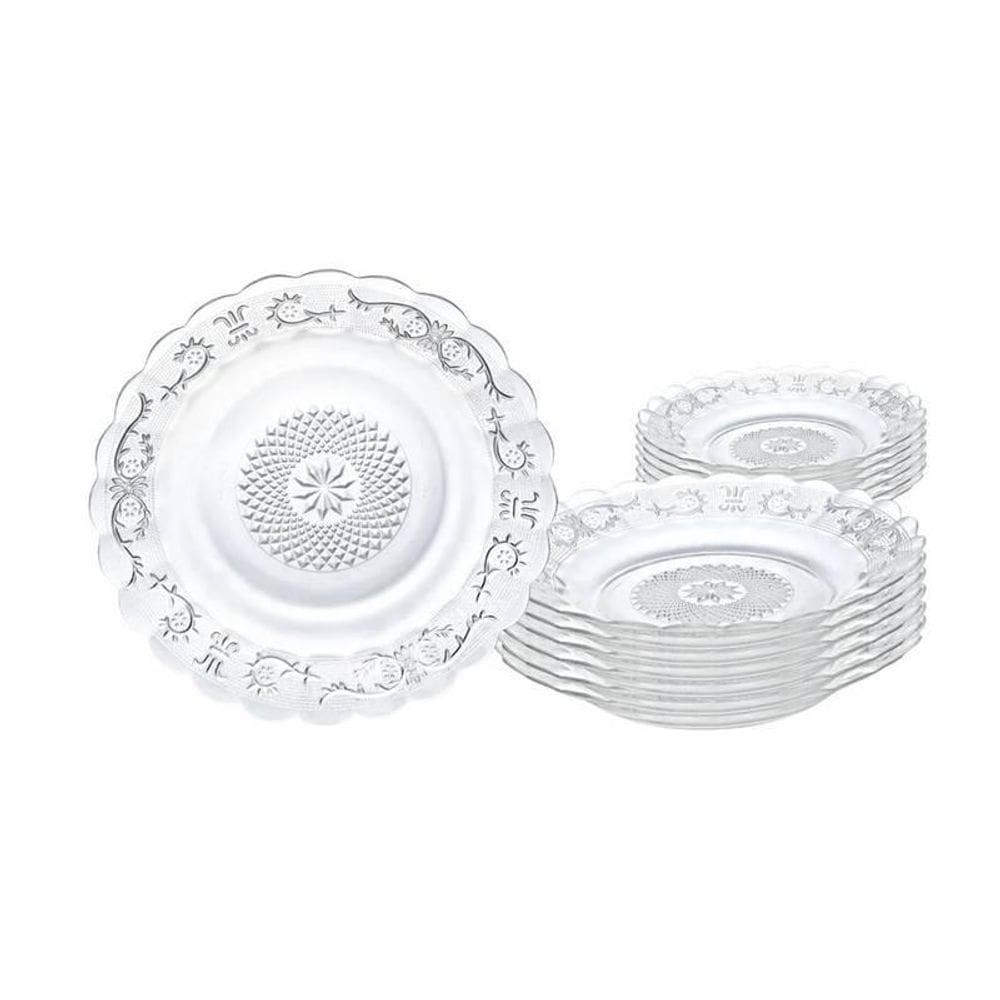 Jogo Com 12 Pratos Fundo De Vidro Premium Transparente