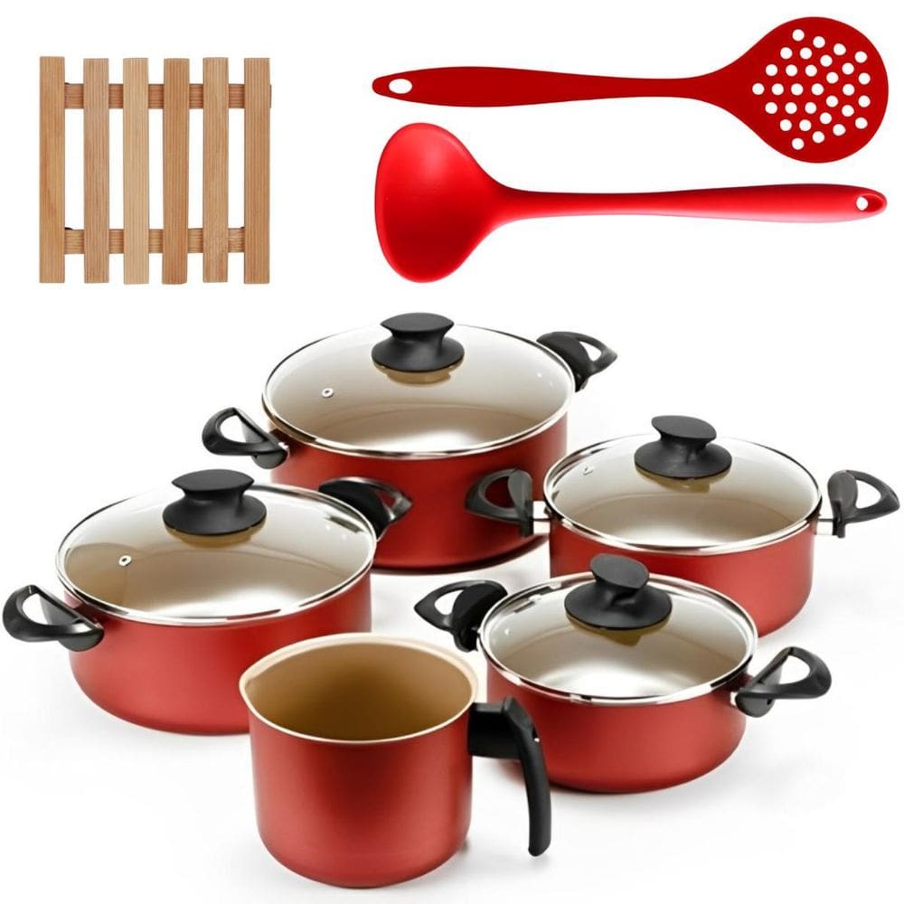 Jogo De Panelas 05 Pçs + 05 Descansos + Concha + Escumadeira