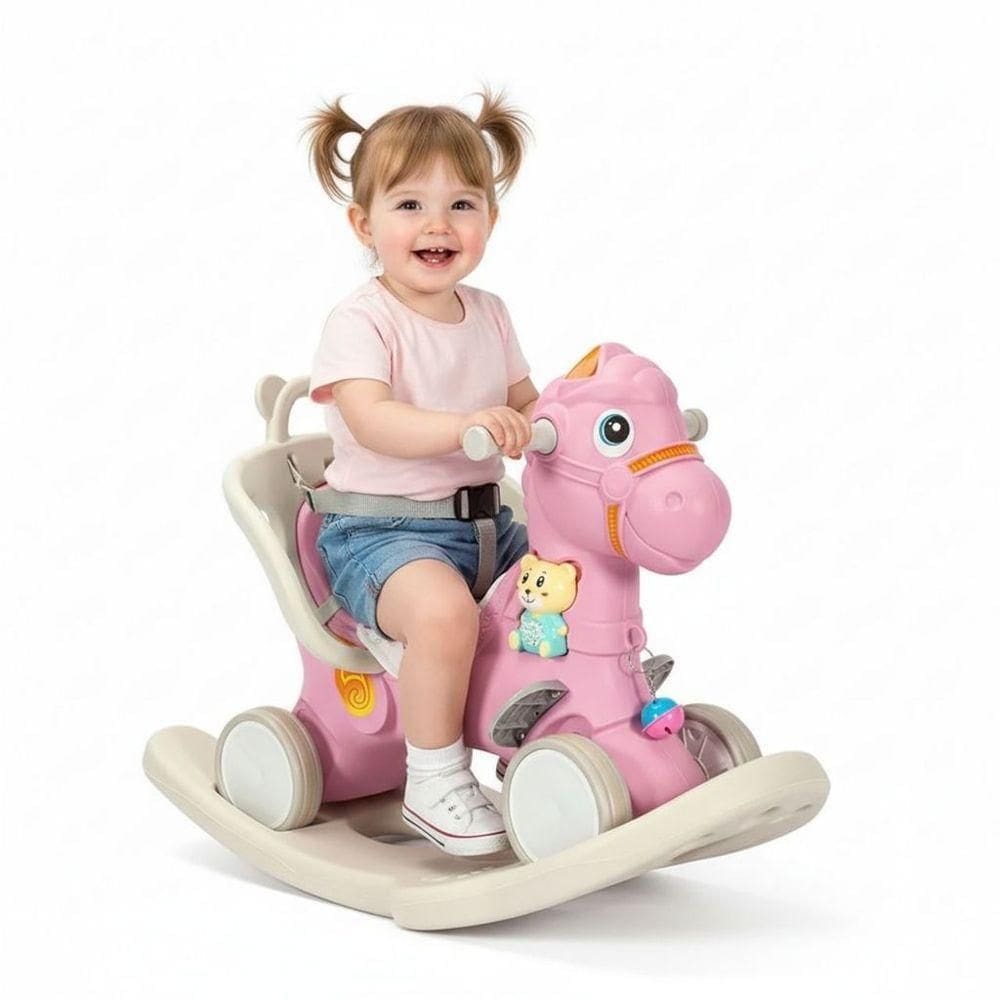 Cavalinho De Passeio E Balanço Com Empurrador Rosa