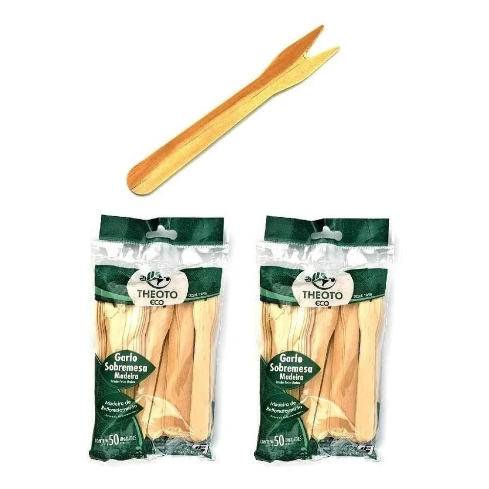 3X Kit 100 Garfo Sobremesa Madeira Ecológico Garfinho Festa