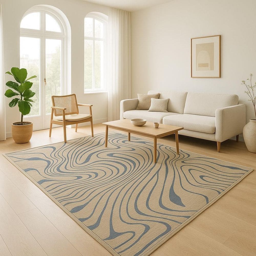 Tapete Sala 300X500Cm 3X5 Sem Pelo Organico Bege Azul