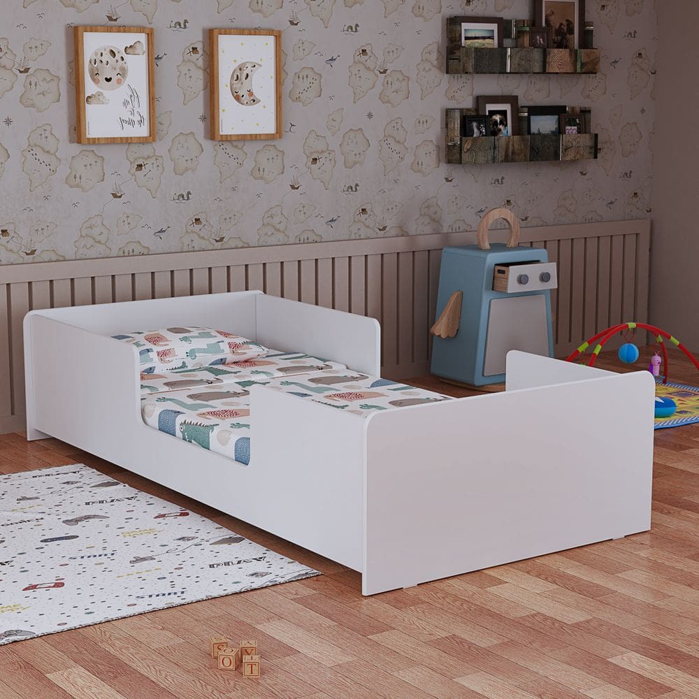 Cama Solteiro Infantil Branca em MDF  Design Moderno e Seguro para Quarto de Criança