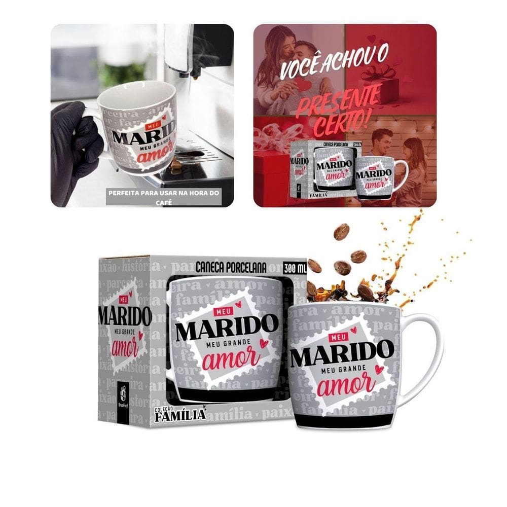 Caneca Cinza Porcelana Premium 360Ml Café Meu Marido Grande