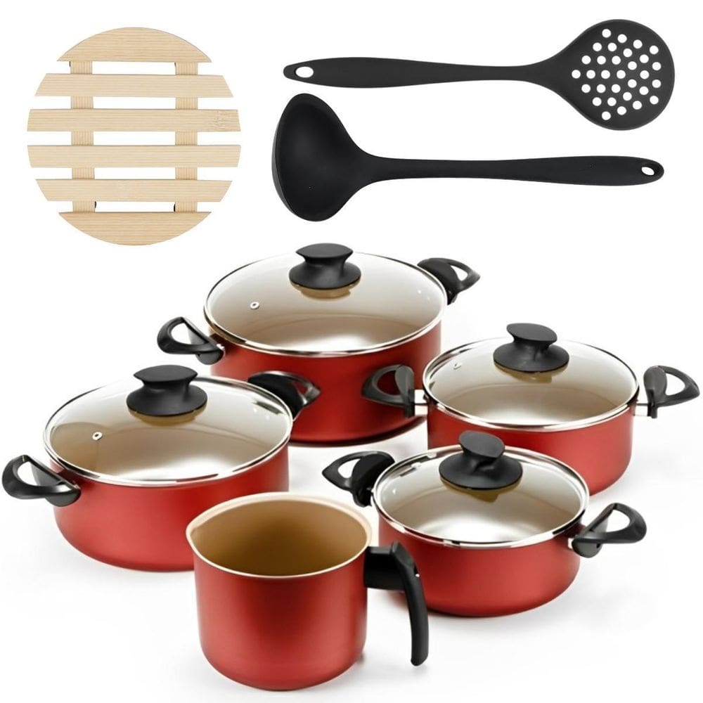 Jogo De Panelas 05 Pçs + 05 Descansos + Concha + Escumadeira