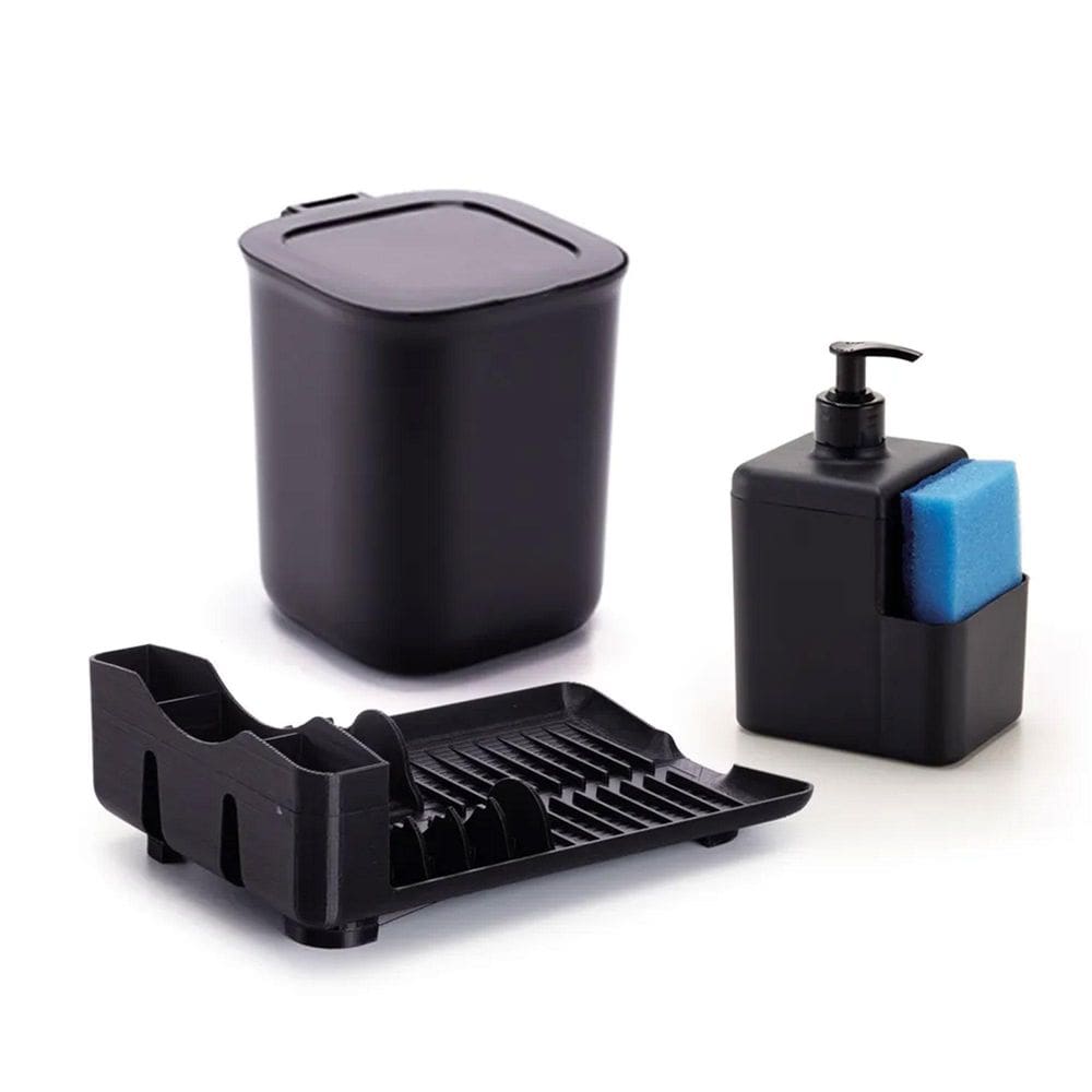 Kit Pia Escorredor 4 Pratos Dispenser Lixeira 2,5L Cor Preto