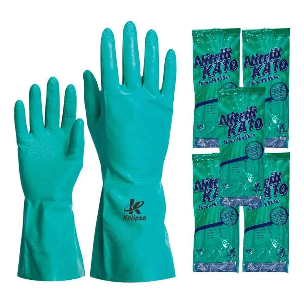10X Kit 5 Luvas Nitrílica Verde C/Forro Limpeza E Prot.Quím