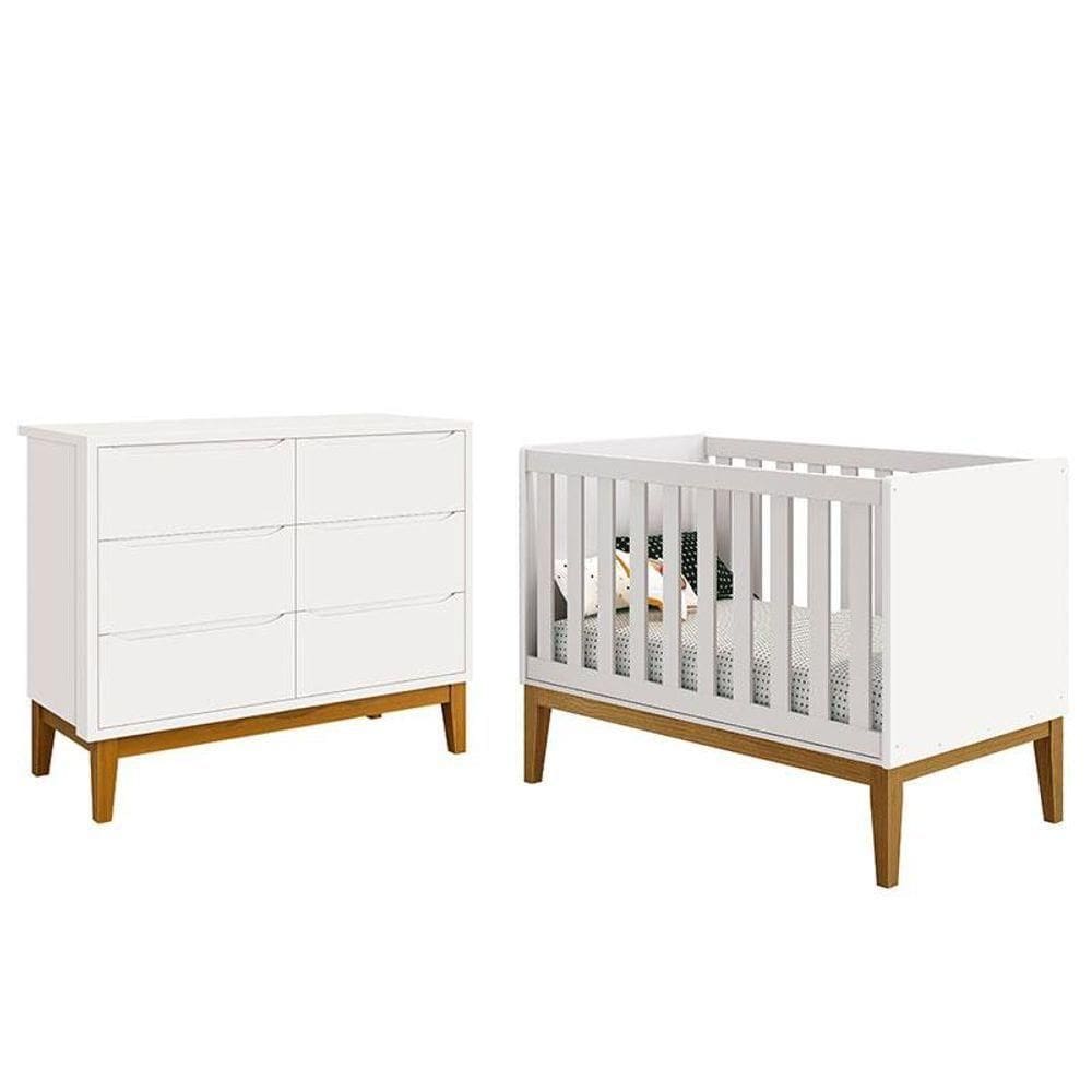 Berço Americano Com Cômoda 6 Gavetas New Classic Branco Com Pés Madeiras - Reller