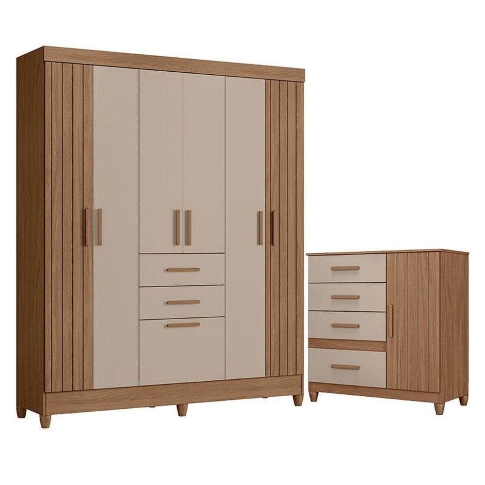 Guarda Roupa Solteiro Malta E Cômoda Vênus Com Pés Carvalho Fendi - Moval