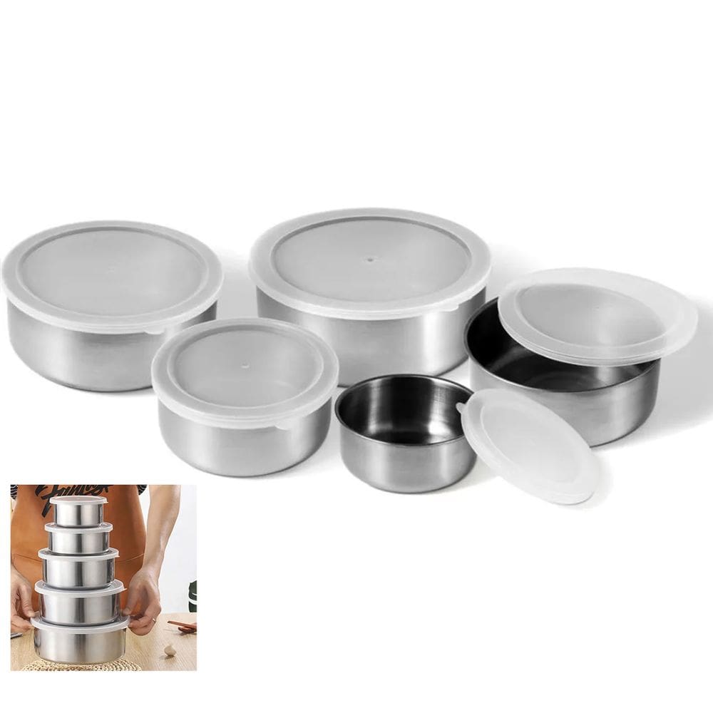 Jogo 5 Potes Inox com Tampa Conjunto Vasilha Marmita Refeiçao Alimento Fruta Armazenamento Empilhavel Organizaçao