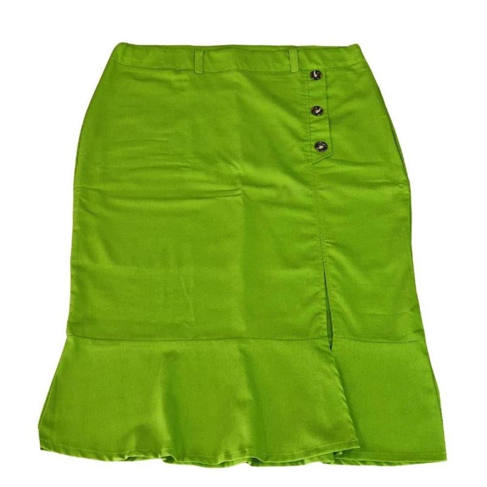 Saia Feminina Linho Longa Fenda Botões Babado Verde Plus size